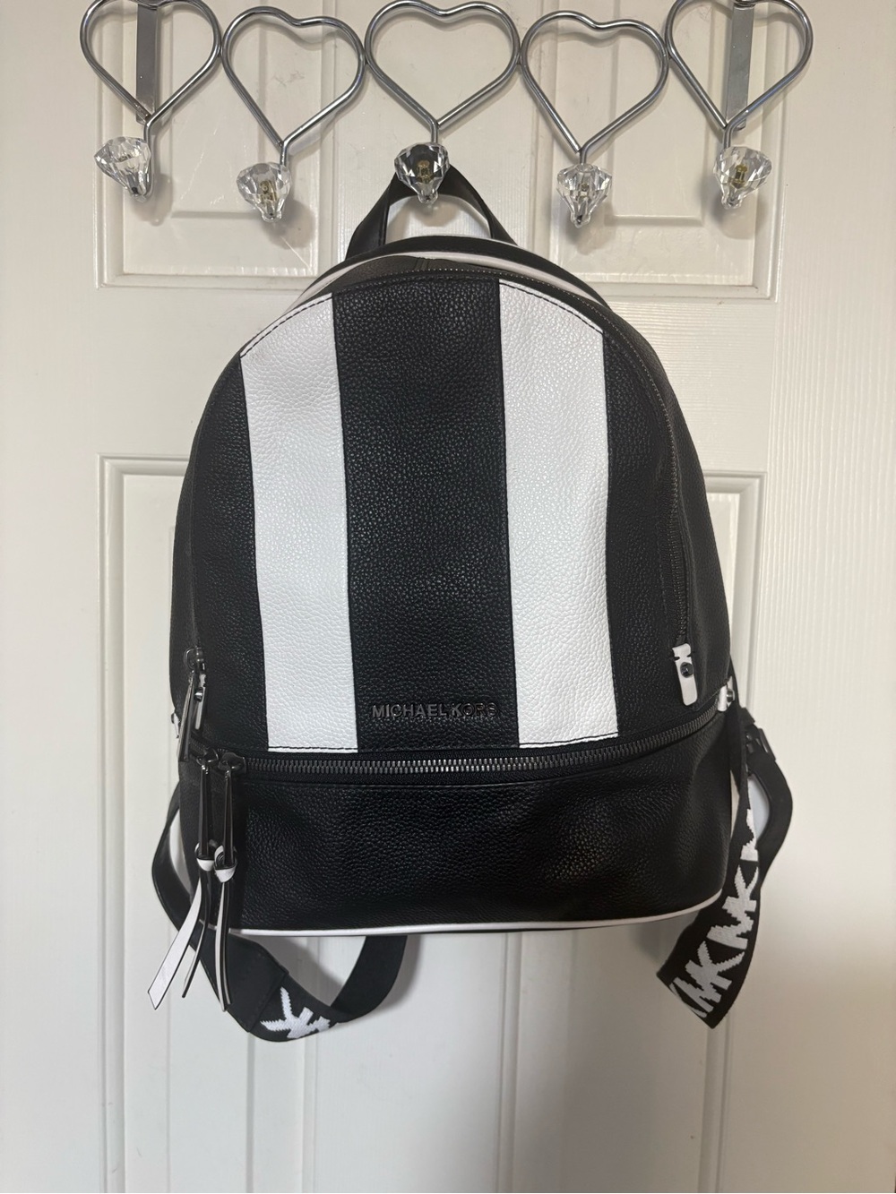 Michael Kors Black and White Striped Leather Backpack - Picture 1 of 6